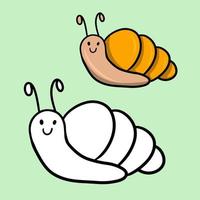 A set of color and sketch drawings, Cute little cartoon bright orange snail, character, vector illustration on a light green background