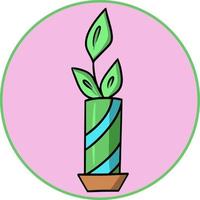 Indoor plant in a high ceramic pot, tropical flower, cartoon vector illustration on a round pink background