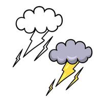 A set of color and sketch images. Dark gray cloud with lightning and thunderstorm, it's raining, cartoon vector illustration on a white background
