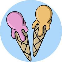 A set of colored pictures. Sweet cold dessert, fruit ice cream in a waffle cup, cone, cartoon vector illustration on a round blue background