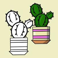 A set of colored and sketched pictures. Round green prickly cactus in a striped pot, vector illustration on a light background