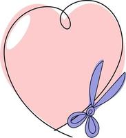 Pink heart-shaped frame with an empty place to insert, for needlework, lilac scissors, one-line drawing, emblem icon vector