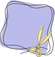 Square lilac frame with an empty place for insertion, for needlework, golden scissors, one-line drawing, emblem icon vector