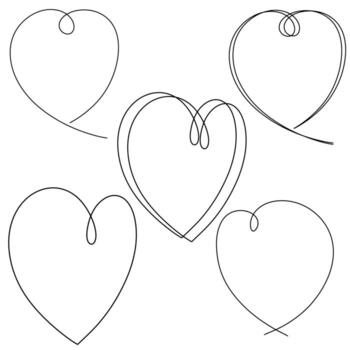 A set of decorative heart-shaped frames drawn with a single line, vector illustration on a white background, design element
