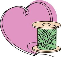 Decorative heart-shaped frame with an empty place to insert, a needlework icon with a spool of green thread, a drawing in one line vector