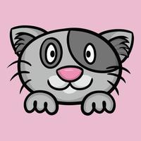 lindo gato gris contento con manchas oscuras en el pelaje, cara de gato con patas, ilustración vectorial de dibujos animados sobre fondo rosa vector