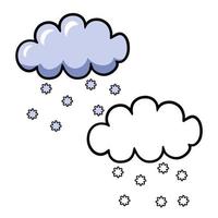 A set of color and sketch drawings, Light cartoon snow cloud, falling snowflakes, vector illustrations on white background