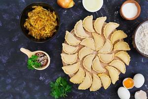 Delicious dumplings with cabbage on dark background. Top view photo