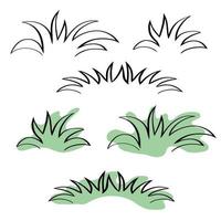 Green grass, hummocks, bushes. Set of design elements on a white background, monochrome and color, vector illustration