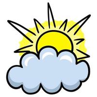 Yellow sun hiding behind a blue cloud, cartoon vector illustration on a white background