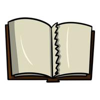 An old open book with a torn page, cartoon vector illustration on a white background