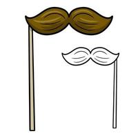 Cartoon mustache for parties and practical jokes, mustache on a stick, fake funny mustache. Vector cartoon illustration on a white background