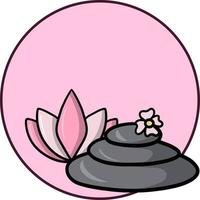 Pink fragrant lotus flower, round stones for spa, relaxation, round card with an empty place to insert. Vector cartoon illustration