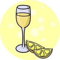 Transparent glass wine glass on a high stem with wine and lemon, champagne, cartoon vector illustration on a yellow background, menu illustration