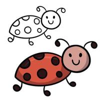 Set with a small red beetle, ladybug. Color vector image and line, sketch on a white background