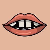 Cartoon pink lips with white square big teeth, vector illustration on beige background