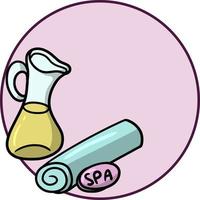 A set for spa, relaxation, fragrant oil in a glass jug, towel, soap, a round card with an empty place to insert. Vector cartoon illustration