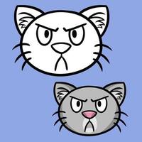 A set of color and sketch pictures. Angry grey cat, cat face, cartoon vector picture on dark background