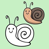 A set of color and sketch drawings. Cute cartoon brown snail, character, vector illustration on a green background