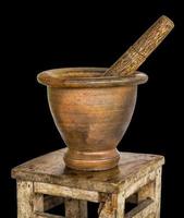 Mortar and pestle in an old bench. photo