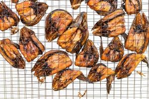 Freshwater fish in wire mesh for drying. photo