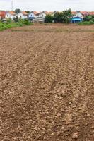 Soil tillage nearby housing estate. photo