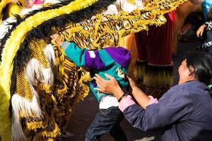 The boy hides his face in a dragon cloth. photo