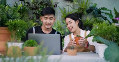 porträtt av ett lyckligt ungt asiatiskt par trädgårdsmästare som säljer online på bärbar dator. framgångsrik man och kvinna som ger hög fem gest i trädgården. hem grönska, sälja online och hobby koncept. video