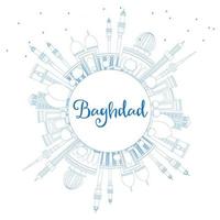 Outline Baghdad Skyline with Blue Buildings and Copy Space. vector