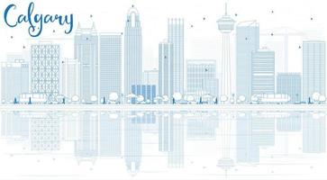 Outline Calgary Skyline with Blue Buildings and Reflections. vector
