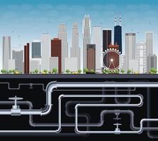 Imaginary Big City with Skyscrapers, Blue Sky, Trees and Tubes vector