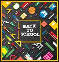 Back to school. School supplies on blackboard background. vector