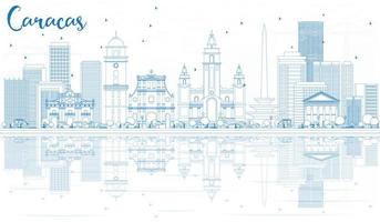 Outline Caracas Skyline with Blue Buildings and Reflections. vector