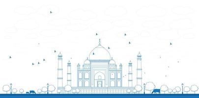 Outline Taj Mahal with Tree and cow. Front view vector