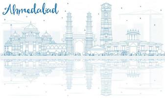 esbozar el horizonte de ahmedabad con edificios azules y reflejos. vector