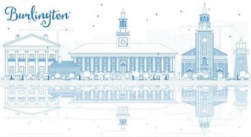 Outline Burlington Vermont Skyline with Blue Buildings and Reflections. vector