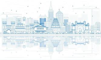 Outline Bangalore Skyline with Blue Buildings and Reflections. vector