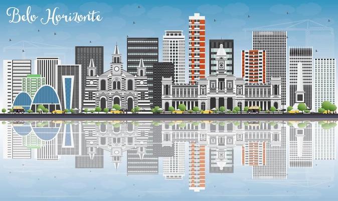 Belo Horizonte Skyline with Gray Buildings, Blue Sky and Reflections.