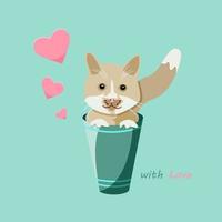 Cute cat sits in bucket and smiles.  Text With love. Hearts on a turquoise background. Vector cartoon illustration