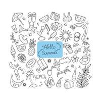 Hello summer doodle vector illustration. Summer and beach hand drawn, black white isolated
