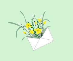 envelope with floral narcissus flowers and branches, isolated on spring background. vector