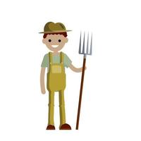 Man farmer in overalls with fork in hands. Rural type of work. vector