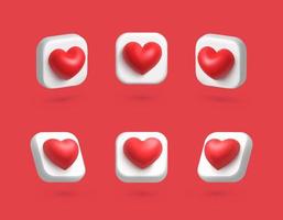 Icono de forma de corazón de amor rojo 3D con diferentes ángulos vector