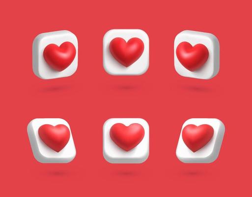 3d red love heart shape icon with different angles