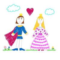 Princess and prince in love. Children's drawing. Fairy tale Isolated vector illustration