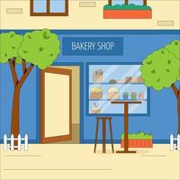 The building of the city bakery with outdoor tables and chairs. Vector concept of a summer cafe. Flat vector illustration