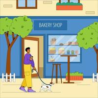 The building of the city bakery with outdoor tables and chairs. Friendly man with a dog relax in the fresh air. Vector concept of a summer cafe. Flat vector illustration