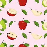 Red apples and pears with green leaves seamless pattern. Flat vector illustration.