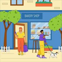 The building of the city bakery with outdoor tables and chairs. The character something buy in a bakery shop, friendly man with a dog relax in the fresh air. Vector concept of a summer cafe.