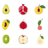 Set of half fruits. Vegetarian food, healthy eating concept. Avocado, pomegranate, peach, mango, fig, cherry kiwi apple pear Flat vector illustration